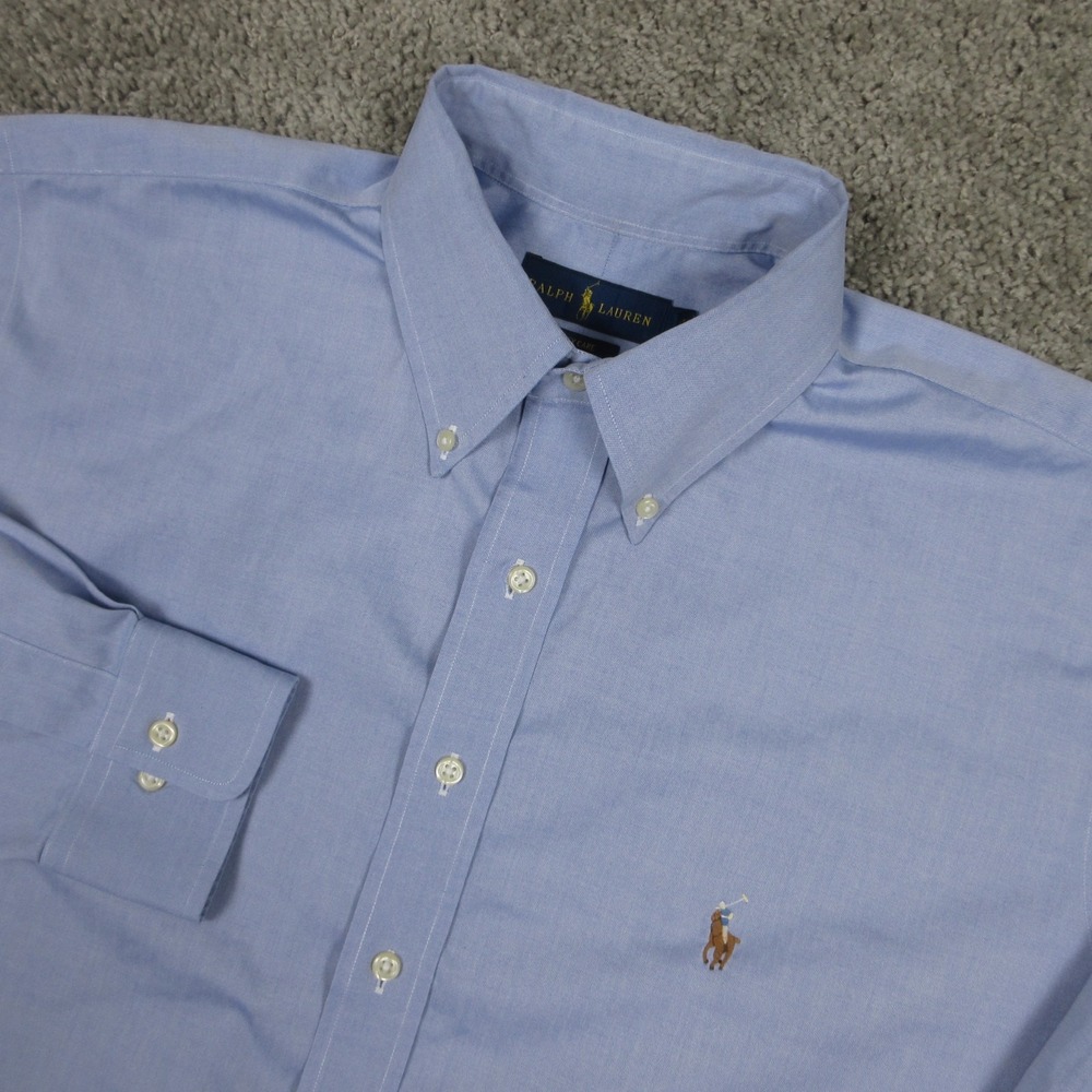 Ralph Lauren Shirt Mens XL 36/37 Blue Solid Easy Care Flesh Pony Dress Button Up